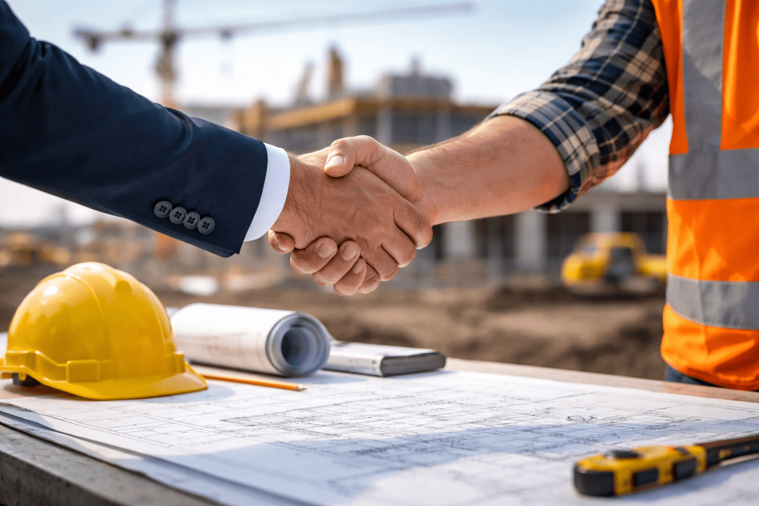 Client and construction team reviewing site plans together