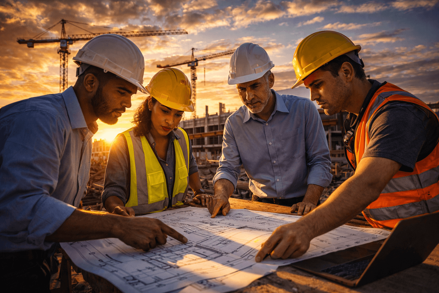 Construction team collaborating on-site